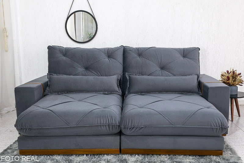 Sofá Retrátil Reclinável Luanda 2.50m Veludo Cinza 010 - Molas Ensacadas - Móveis furniture