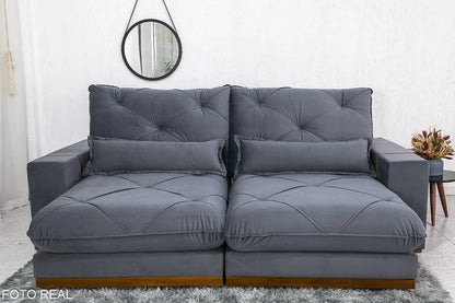Sofá Retrátil Reclinável Luanda 2.50m Veludo Cinza 010 - Molas Ensacadas - Móveis furniture