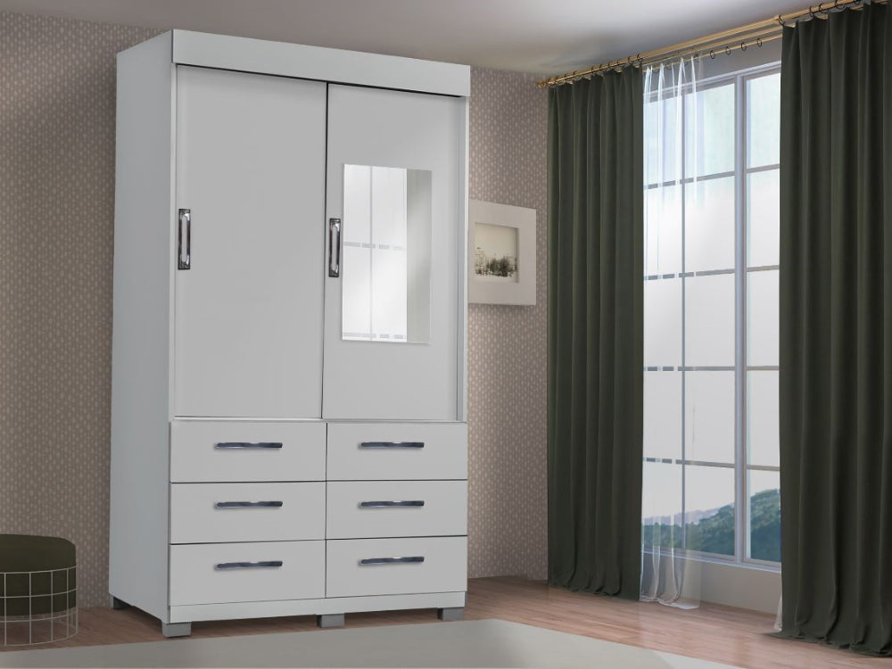 Guarda-Roupa Buzios 2 portas de correr com espelho 6 gavetas – Branco - Móveis furniture