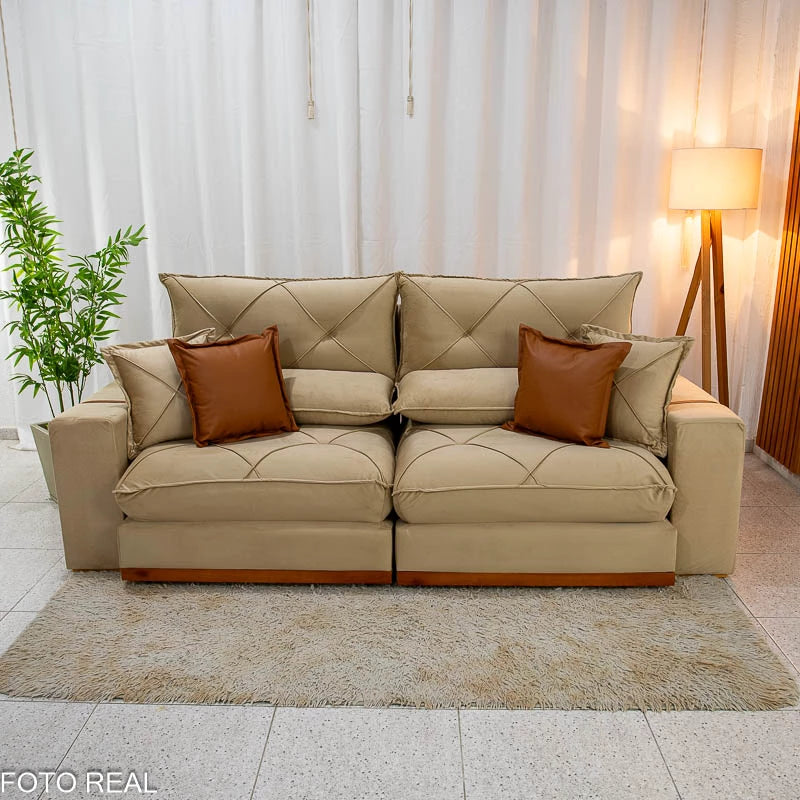 Sofá Retrátil Reclinável 2.50m Gran Bello Veludo Bege - D33 e Molas Ensacadas