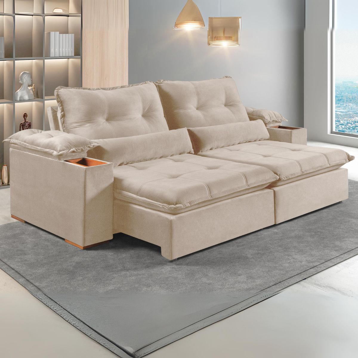 Sofá Retrátil e Reclinável Marrocos 2,50 m Veludo Marfim– VICAM ESTOFADOS