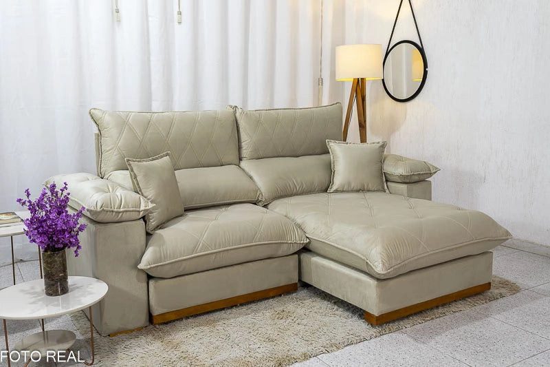 Sofá Retrátil Reclinável 2.30m Magnum Veludo Bege - Molas Ensacadas