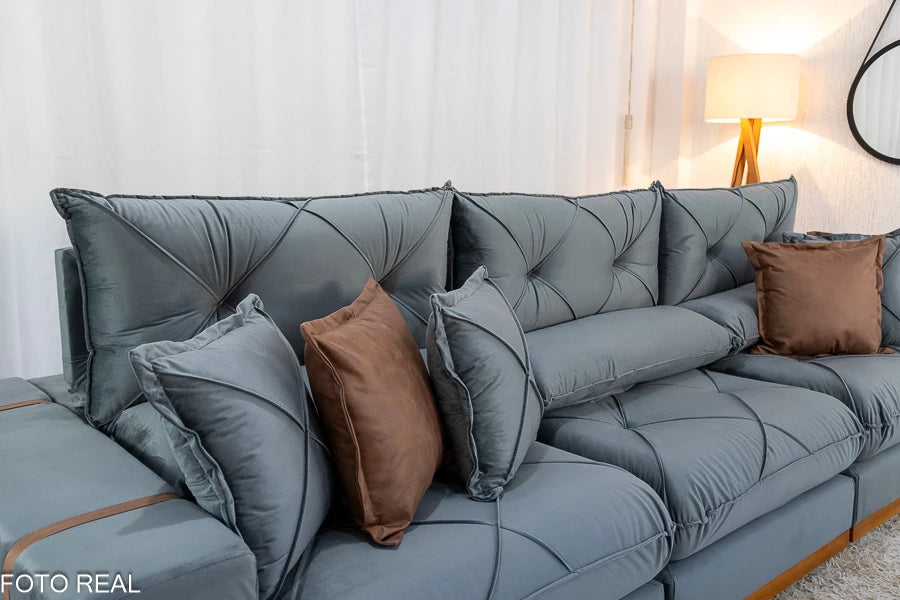 Sofá Retrátil Reclinável Gran Bello 3.20m Veludo Cinza - D33 e Molas Ensacadas