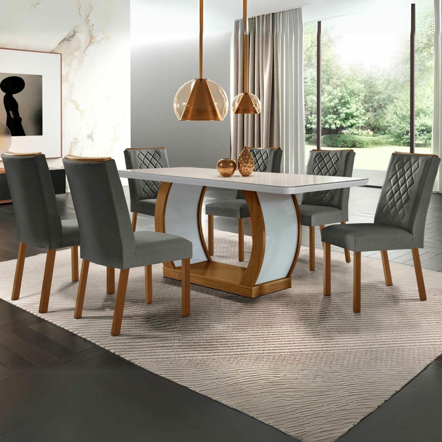 Mesa Jade 180 Canto Copo Imbuia/White com 6 Cadeiras Jade Linho Grafite – RUFATO - Móveis furniture