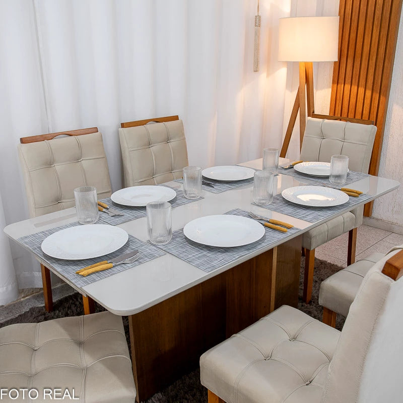 Mesa de Jantar Moscou 160x80 Vidro Off/Base Cinamomo + 6 Cad. Londres Veludo Avelã Madeira Minas Plac - Entregue Montada