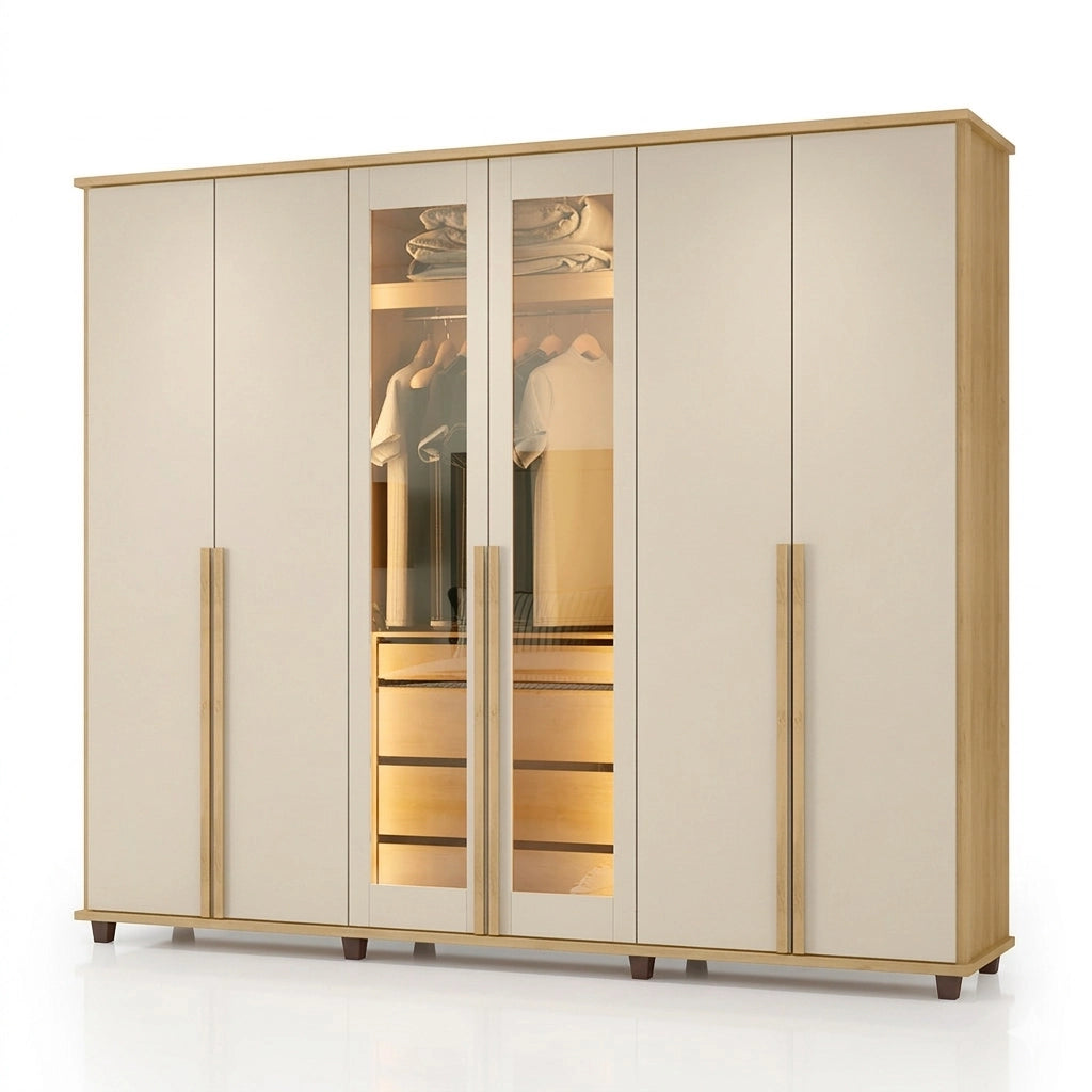 Guarda Roupa Belgica Casal com Led 6 Portas 4 Gavetas Rv Móveis CINAMOMO OFF