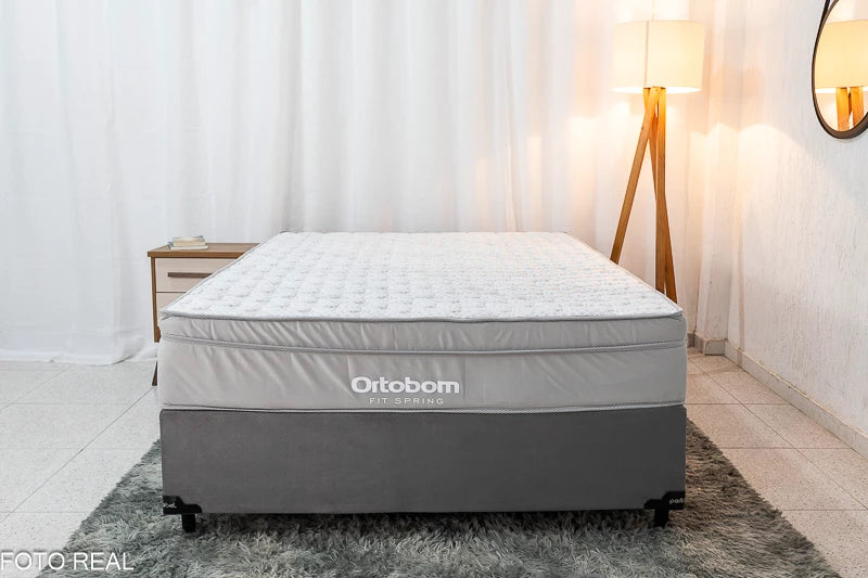 Base Box Casal Veludo Cinza Portobel + Colchão Casal Fit Spring 138x188x61 Molas Superlastic Ortobom - Móveis furniture