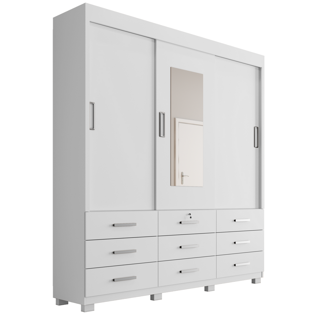 Guarda-Roupa Itapema  3 portas de correr com espelho 9 gavetas – Branco