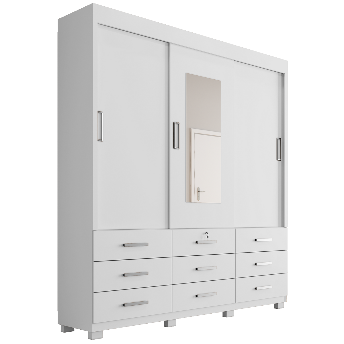 Guarda-Roupa Itapema  3 portas de correr com espelho 9 gavetas – Branco
