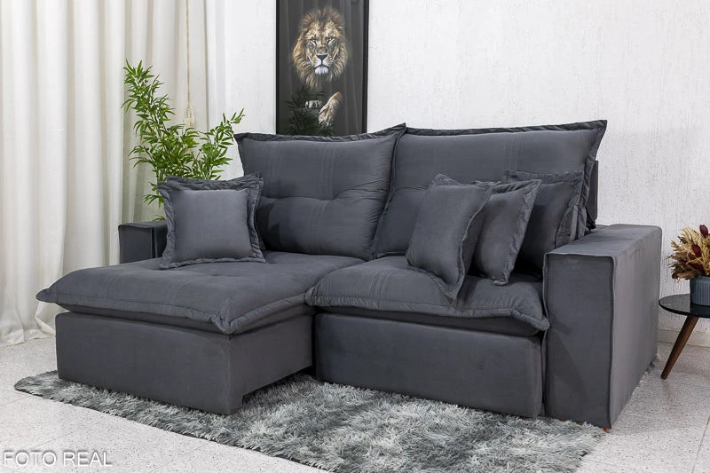 Sofá Retrátil Reclinável Ferrara 2.50m Veludo Cinza 20 D33 e Molas Ensacadas - Móveis furniture
