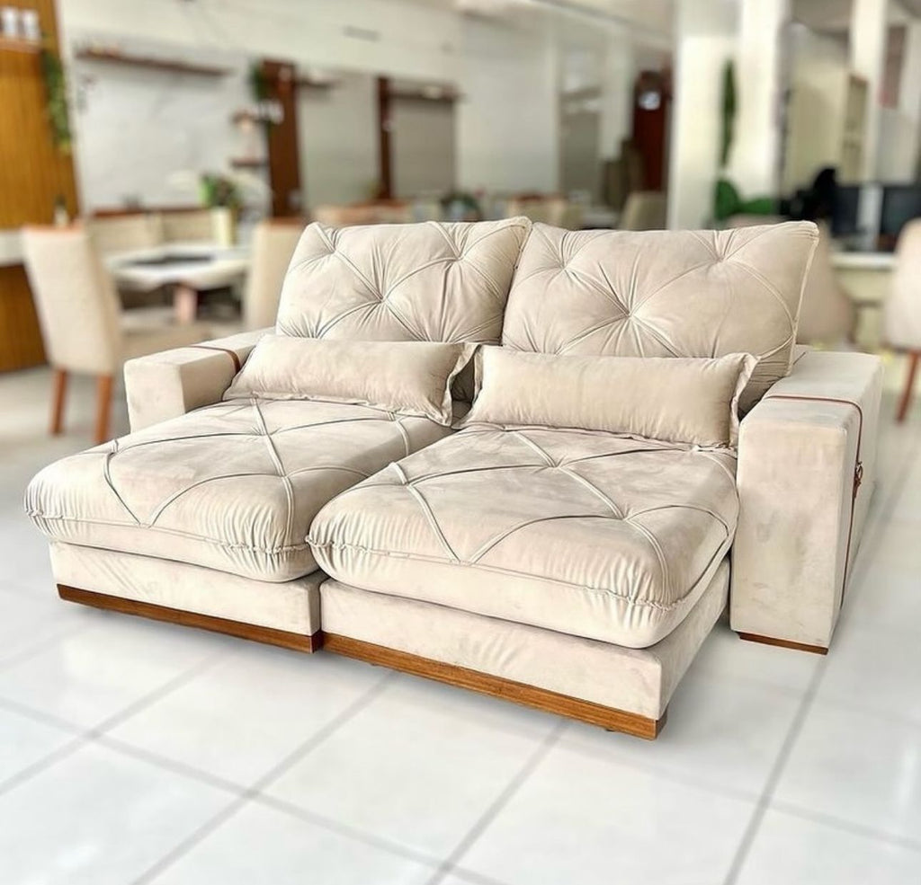 Sofá Retrátil e Reclinável Luanda/Isabella 2,50 m Veludo Bege – TREVO ESTOFADOS - Móveis furniture