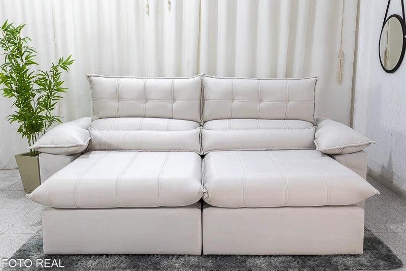Sofá Retrátil Reclinável 2.50m Lenon Veludo Bege- D28 Soft e Molas Ensacadas - Móveis furniture