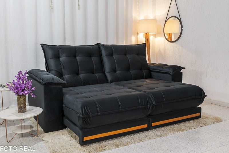 Sofá Retrátil Reclinável Barcelona 2.30m Veludo Preto - D33 e Molas Ensacadas