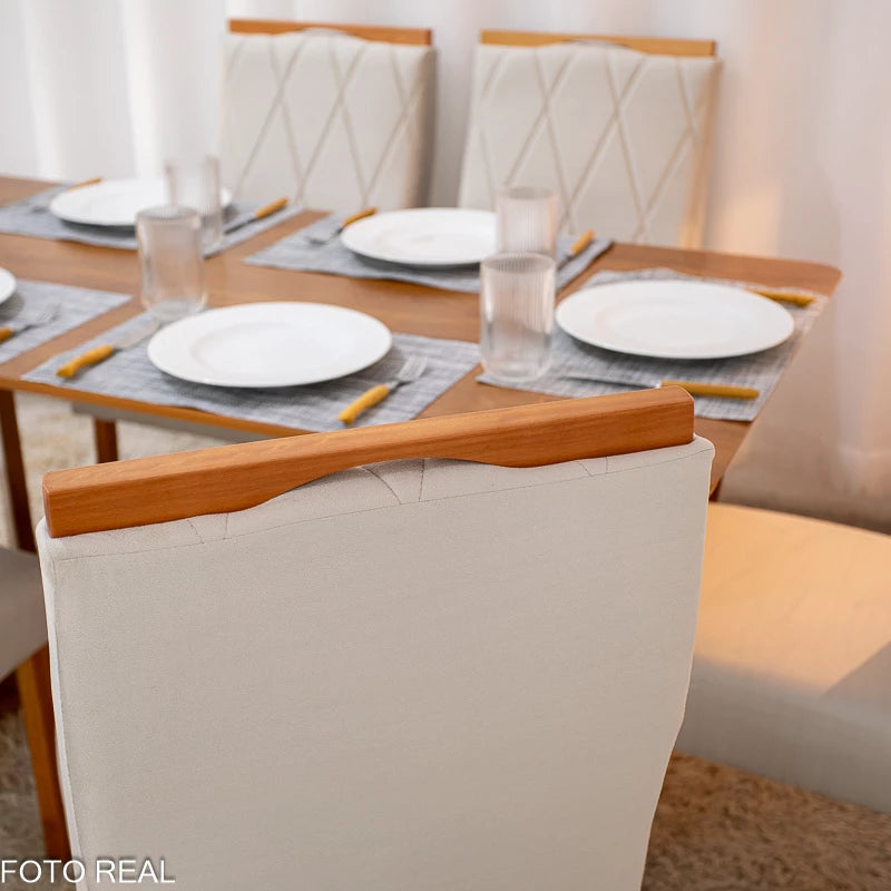 Mesa de Jantar Dubai Tampo Londres Cinamomo 160x80 6 Cadeiras Lisboa Veludo Bege 512 Madeira Maciça