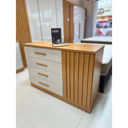 Cômoda Ripada Barcelona C/ Sapateira 4 Gavetas com 1 Porta Tcil Móveis - Cinamomo/Off White - Móveis furniture