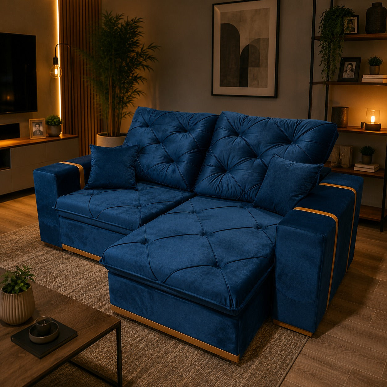 Sofá Retrátil e Reclinável MJ126/Gran Bello 2,20 m Veludo Azul  – MAJESTOSO ESTOFADOS