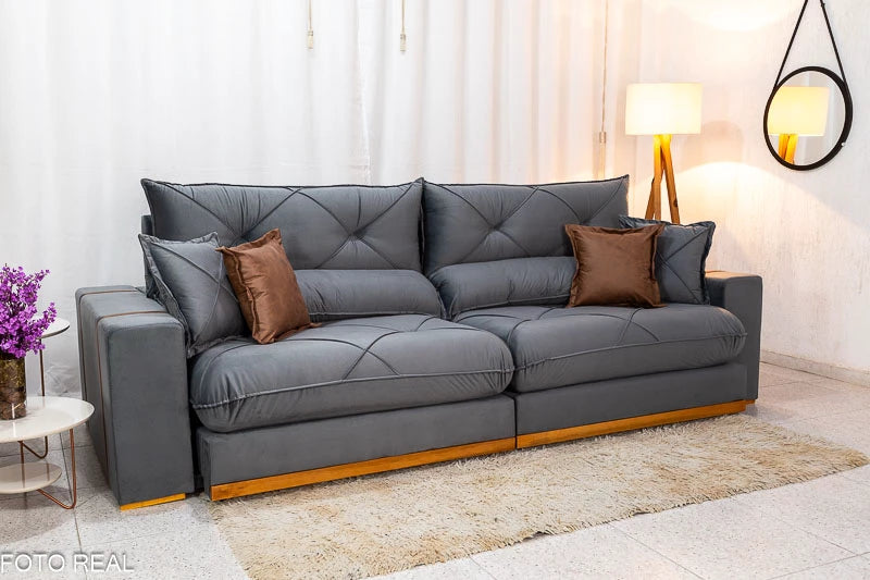 Sofá Retrátil Reclinável Gran Bello Veludo Cinza Larg. 2.90m - D33 e Molas Ensacadas