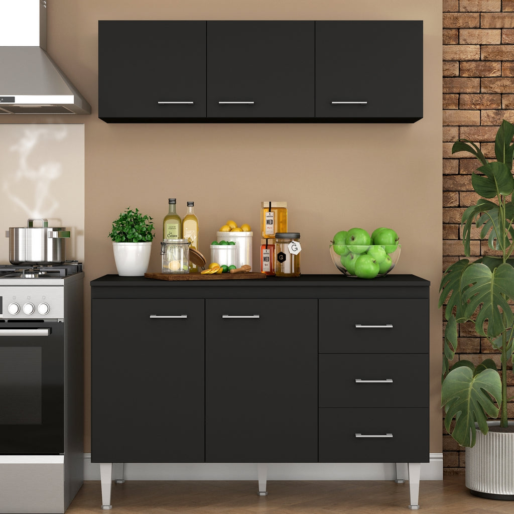 Armário Aéreo 3 portas Ipanema + Balcão(Tampo Comum)Copacabana Preto – FELLICCI - Móveis furniture