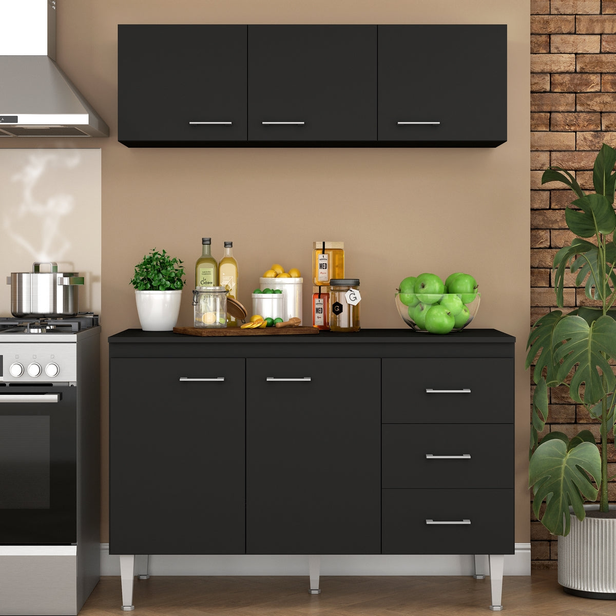 Armário Aéreo 3 portas Ipanema + Balcão(Tampo Comum)Copacabana Preto – FELLICCI - Móveis furniture