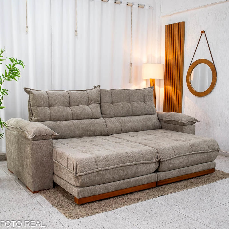 Sofá Retrátil Reclinável Itauna 2.30m Chenille Bege 574 D28 Soft - Molas Ensacadas