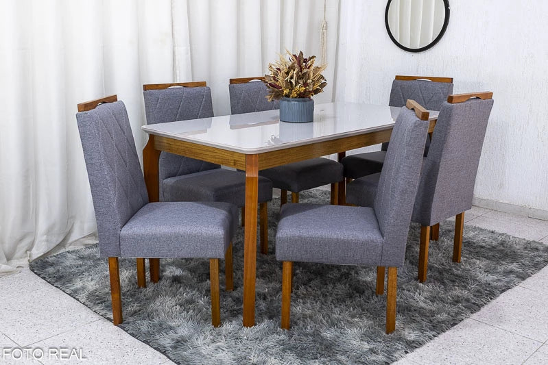 Mesa de Jantar Alegra Tampo Vidro Off 160×80 6 Cadeiras Diamante Linho Cinza 2904 JCM Madeira Maciça - Móveis furniture