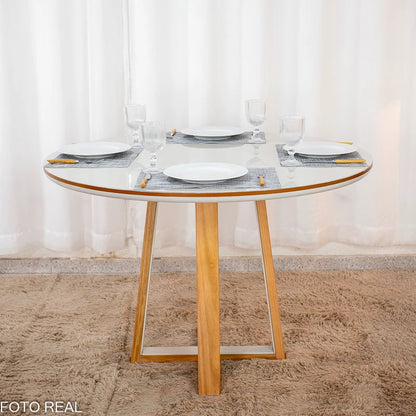 Mesa de Jantar Atlanta Tampo Redondo Vidro Off 120x120 Cinamomo/Off 100% MDF - Minas Plac