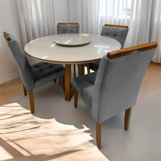 Mesa Redonda Atlanta 120 Cinamono/Off White com 4 Cadeiras Sophia/Capri Veludo Cinza Grafite – MINASPLAC + WM DECOR