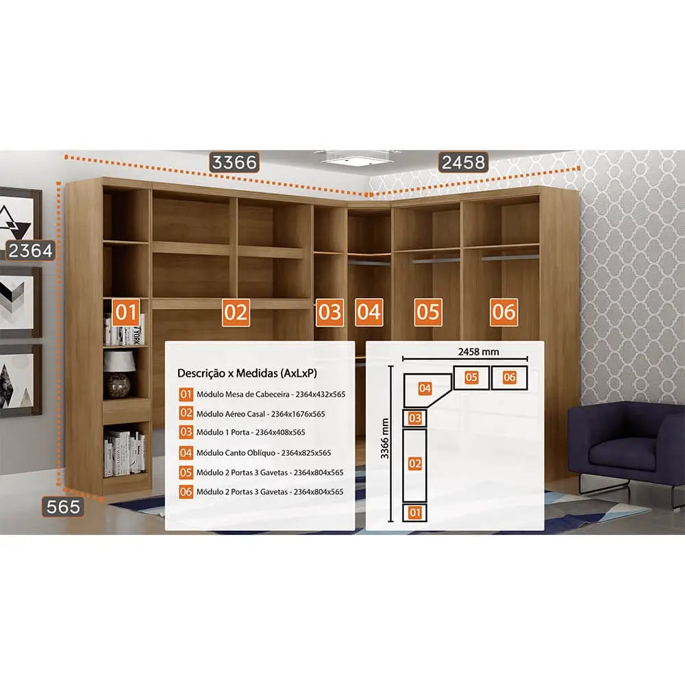 Guarda Roupa Modulado Rizon 005 Casal 6 Peças Novo Horizonte
