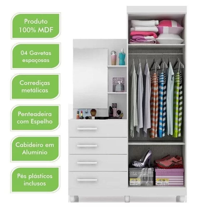 Roupeiro Melissa 2 portas Branco/Rosa/Azul/Lilás Com Espelho Flex ACP Móveis