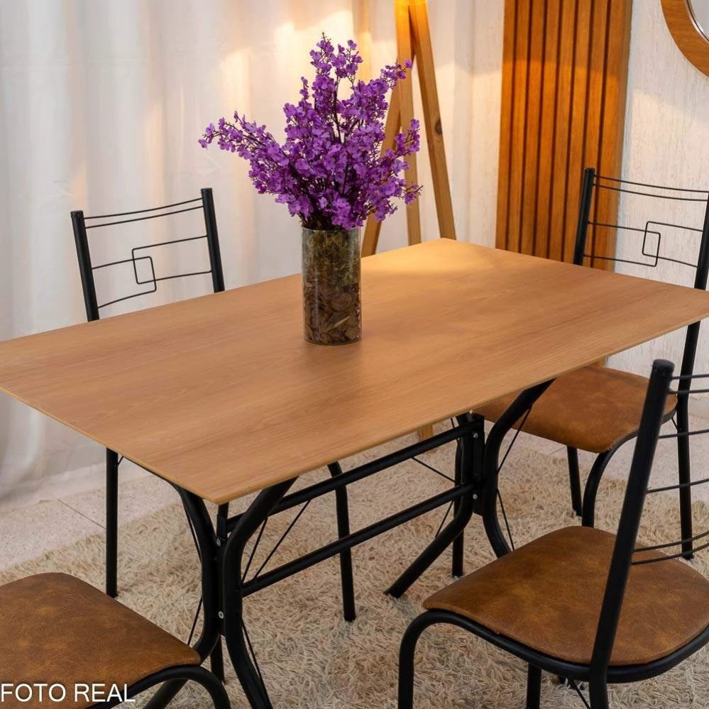 Mesa Paraty Base Cabo Frio Preto Tampo Madeirado 120×75 4 Cadeiras Paraty Assento Marrom - Teixeira