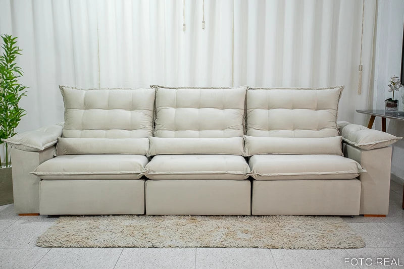 Sofá Retrátil Reclinável Emanuelly 3.20m Veludo Bege 01 - D28 Soft