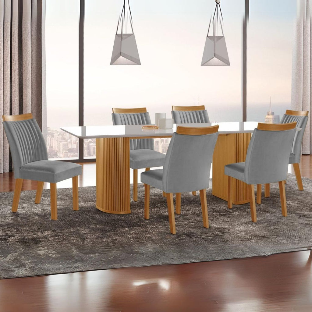 Mesa Dara 180 Cinamono/Off White com 6 Cadeiras Dara/Luna Linho Cinza – LJ MÓVEIS - Móveis furniture