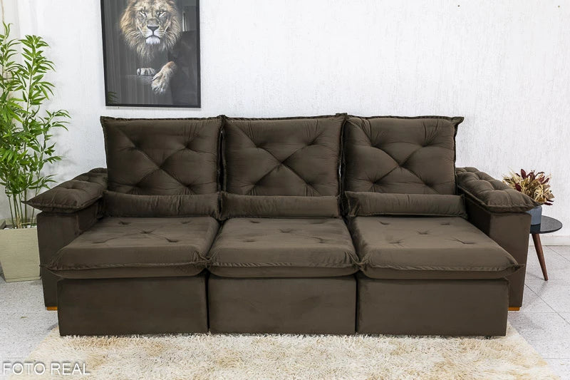 Sofá Retrátil Reclinável 2.70m Roma Veludo Marrom 19 - D28 Soft - Móveis furniture