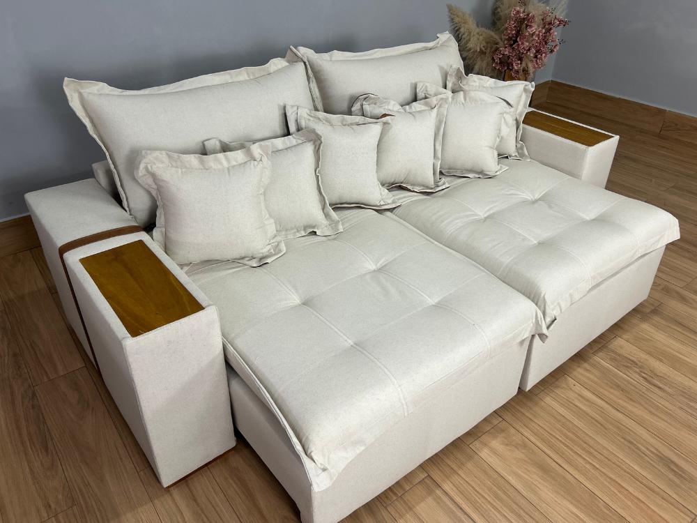 Sofá Cama Retrátil Reclinável Gabriella 2,10m Mod.80 – Bege Linho / Marrom Courino