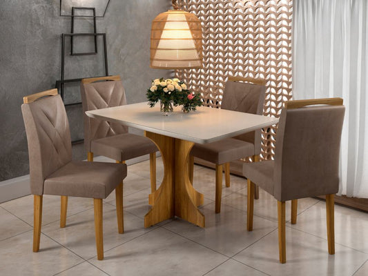 Mesa de Jantar Londres 0.90×0.90 Com 4 Cadeiras Califórnia – Cinamomo/Off White/Avelã
