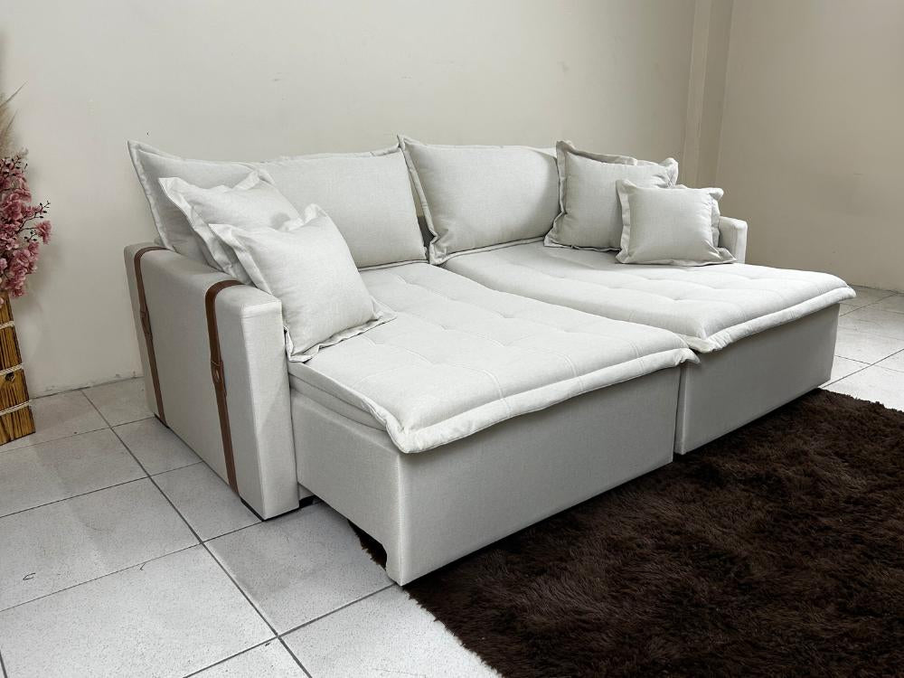 Sofá Cama Retrátil Reclinável Esparta 2.20m – Bege Linho / Marrom Courino - Móveis furniture