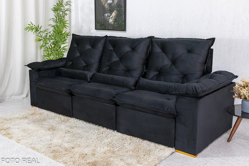 Sofá Retrátil Reclinável 2.70m Roma Veludo Preto 21 - D28 Soft - Móveis furniture