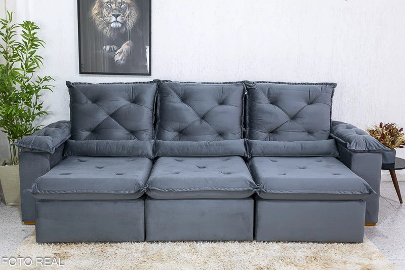 Sofá Retrátil Reclinável 2.70m Roma Veludo Cinza 20 - D28 Soft - Móveis furniture