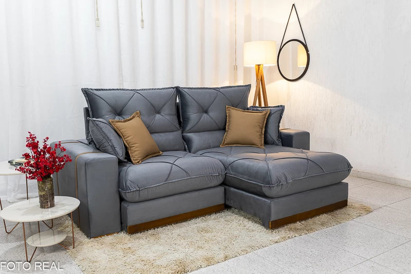 Sofá Retrátil Reclinável 2.30m Gran Bello Veludo Cinza - D33 e Molas Ensacadas - Móveis furniture