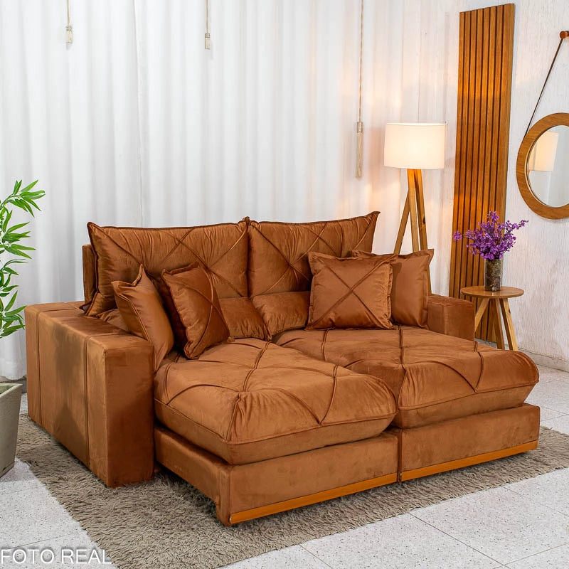 Sofá Retrátil Reclinável Gran Bello 2.00m Veludo Terracota 24 - Molas Ensacadas
