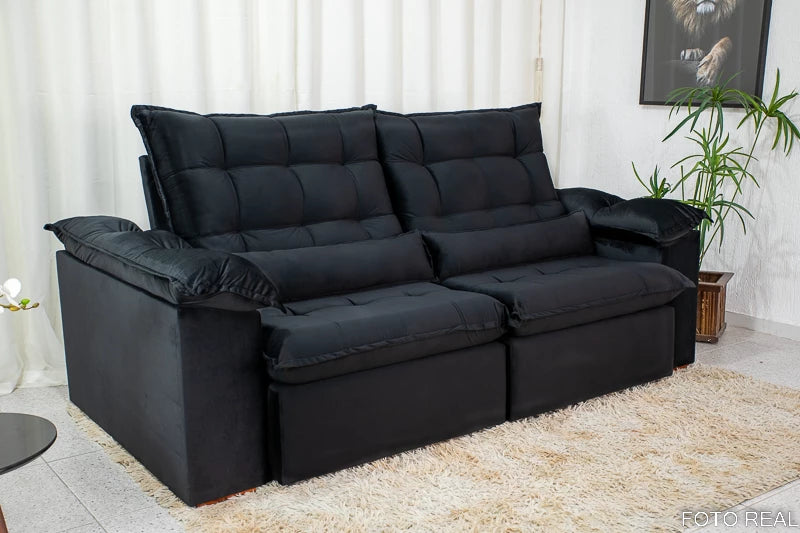 Sofá Retrátil Reclinável 2.00m Emanuelly Veludo Preto - Móveis furniture