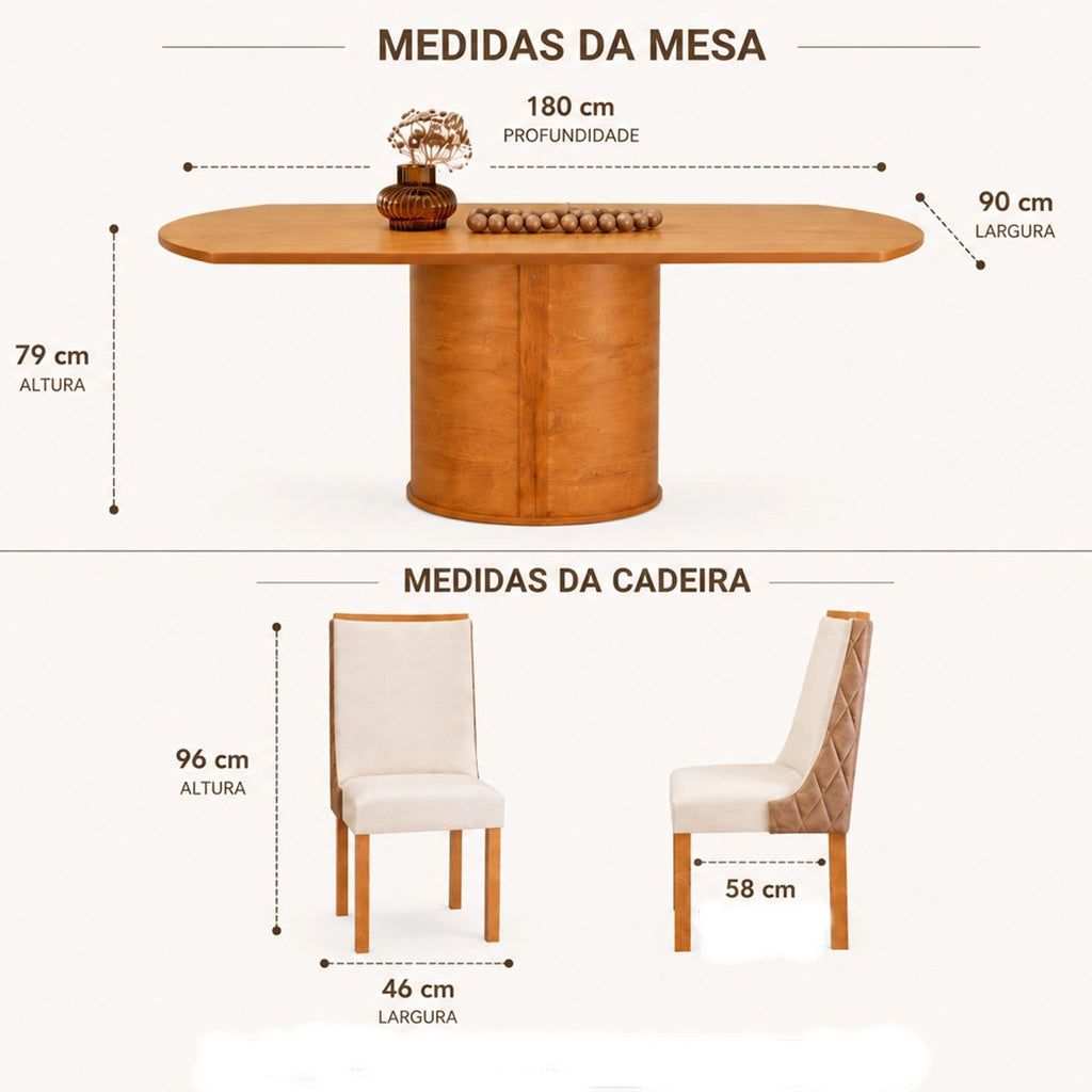 Mesa de Jantar Montreal 180x90cm em Linho Sem Vidro e 6 Cadeiras Montreal Cel Móveis