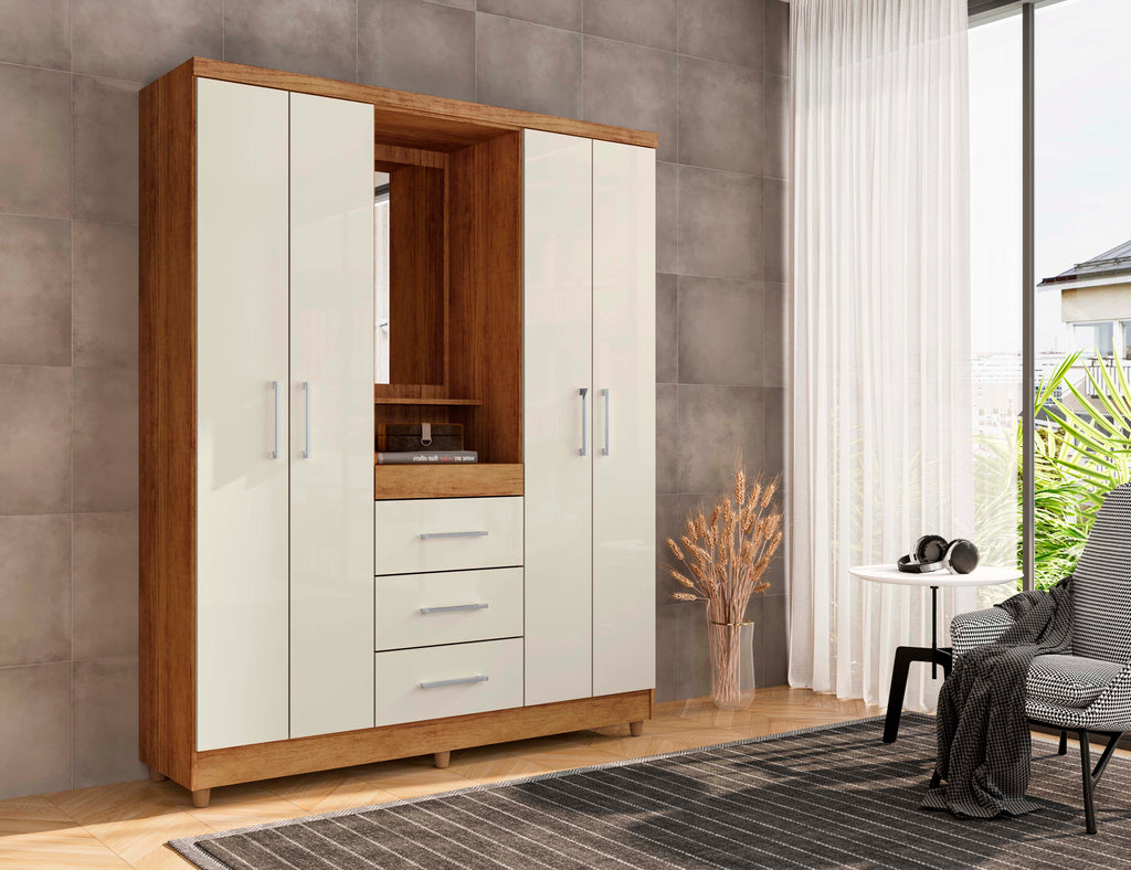 Roupeiro Capelinha Lyon c/Espelho 4 portas Mel/Off White