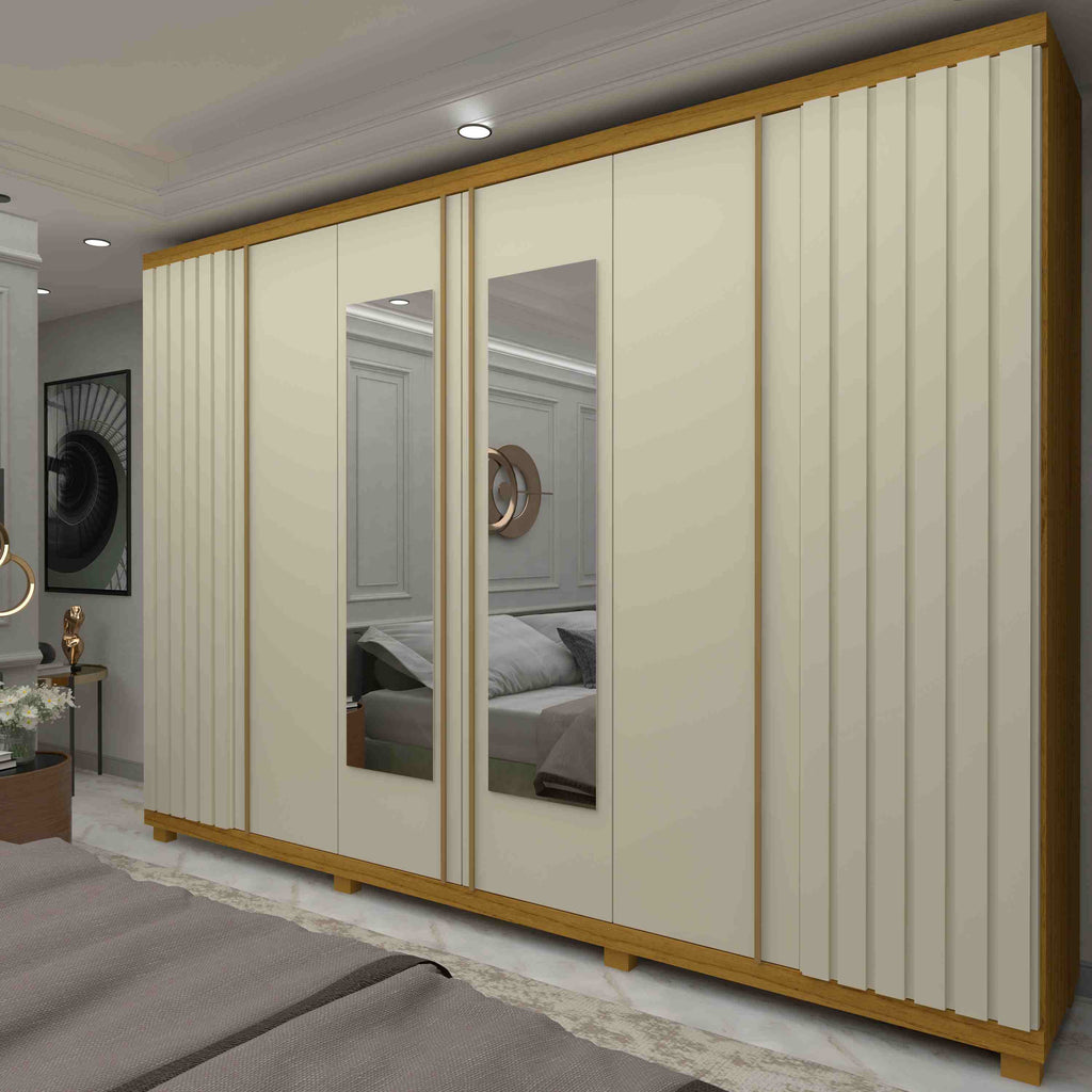 Roupeiro Absolut New Ripado 6P sendo 2P com Espelhos LED e Pes Naturale.Off White Gelius