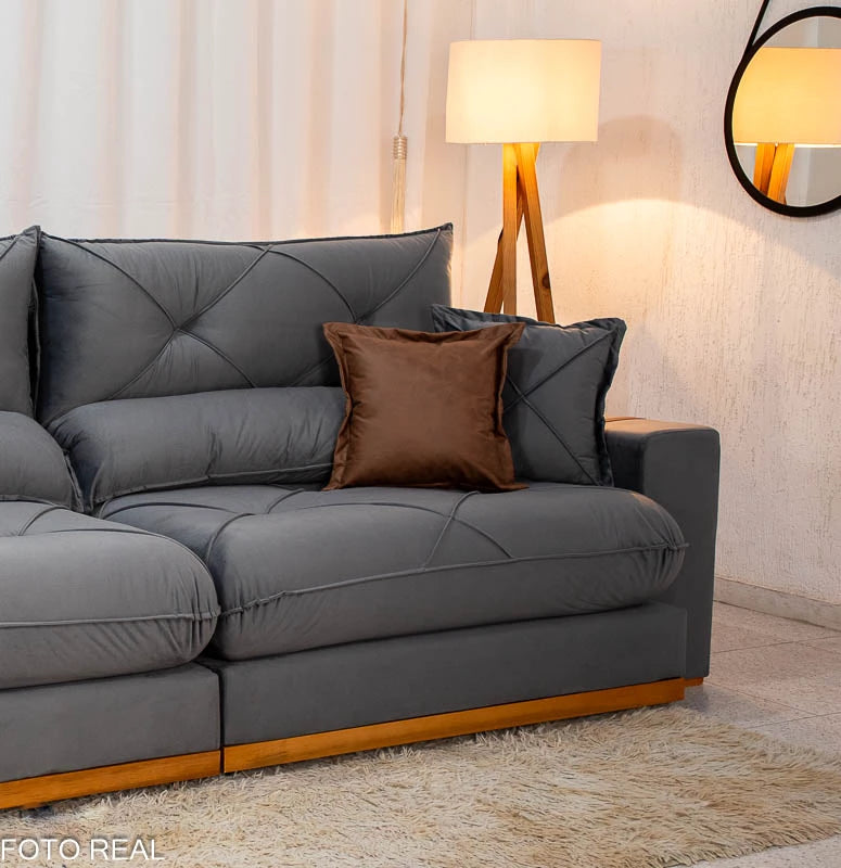 Sofá Retrátil Reclinável Gran Bello 2.90m Veludo Cinza 20 - Molas Ensacadas
