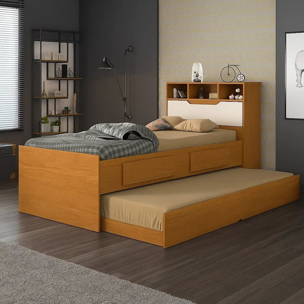 Cama Ravena COM Cama Auxiliar Solteiro 2 Gavetas e Baú Conquista CINAMOMO OFF WHITE