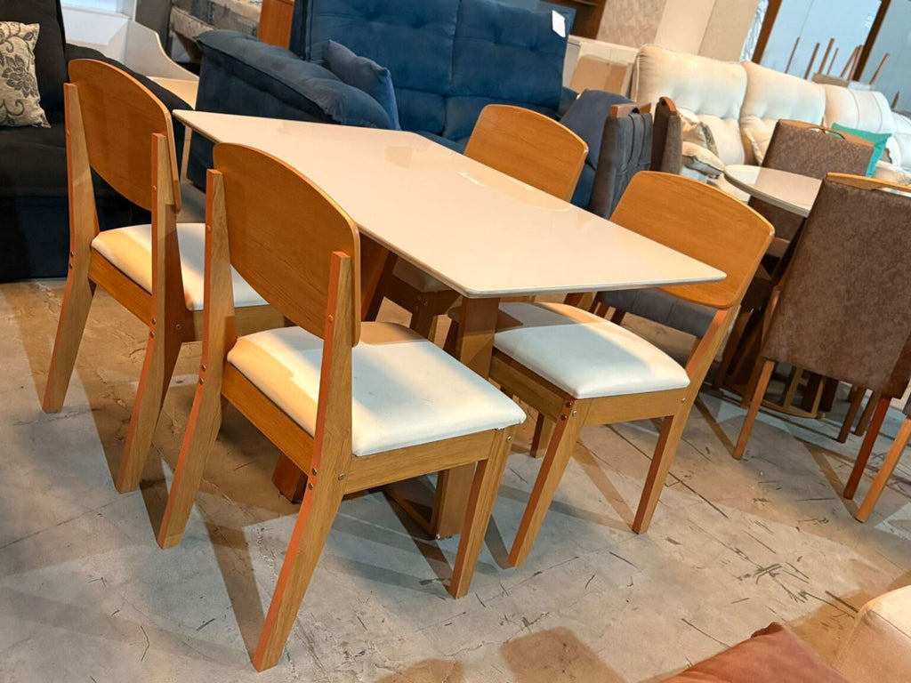 Mesa Pedro 120 Mel/Off White com 4 Cadeiras Havana Veludo Creme – ART ASSENTOS + RUFATO