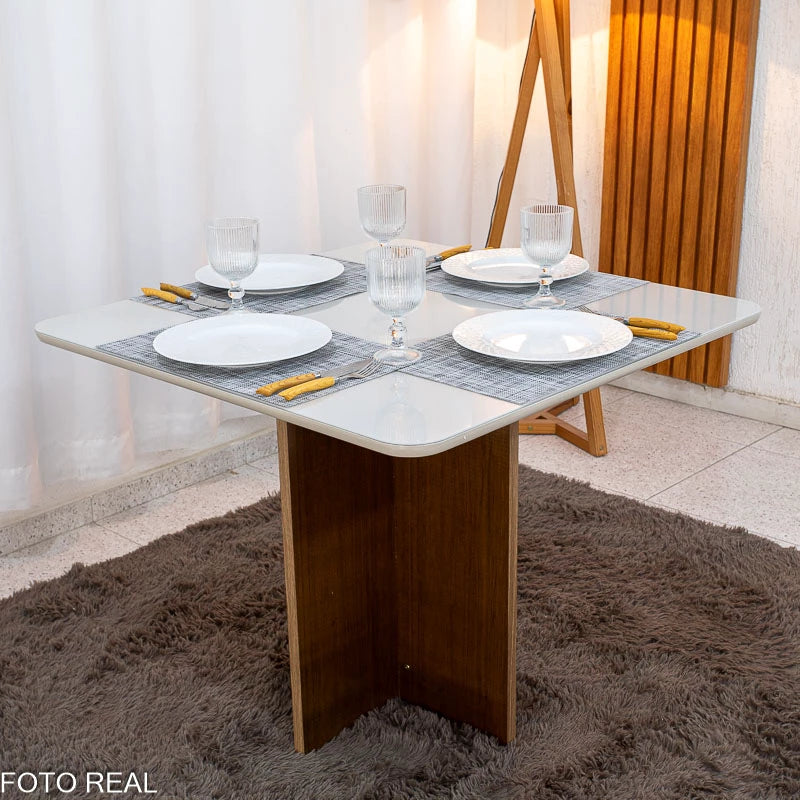 Mesa de Jantar Moscou 90x90 Cinamomo/Off Tampo Vidro Off 4 Cadeiras Londres Linho Cinza Madeira Maciça Minas Plac