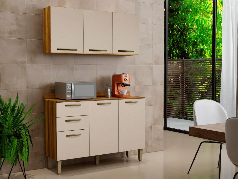 Combo Armário de Cozinha Aéreo 3 portas + Balcão 1.20 Valência – Carvalho/Off White - Móveis furniture