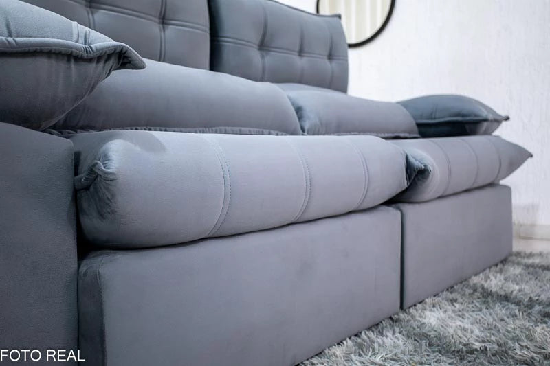 Sofá Retrátil Reclinável 2.50m Lenon Veludo Cinza - D28 Soft e Molas Ensacadas - Móveis furniture